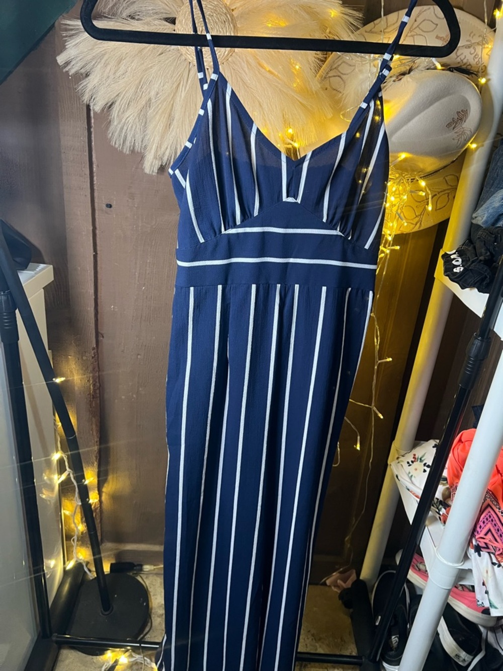 Navy Blue Striped Maxi Dress with Spaghetti Straps